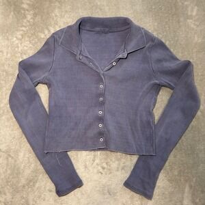 Brandy‎ Melville Crop Shirt Women One Size Blue Collared Buttons Preppy Academia